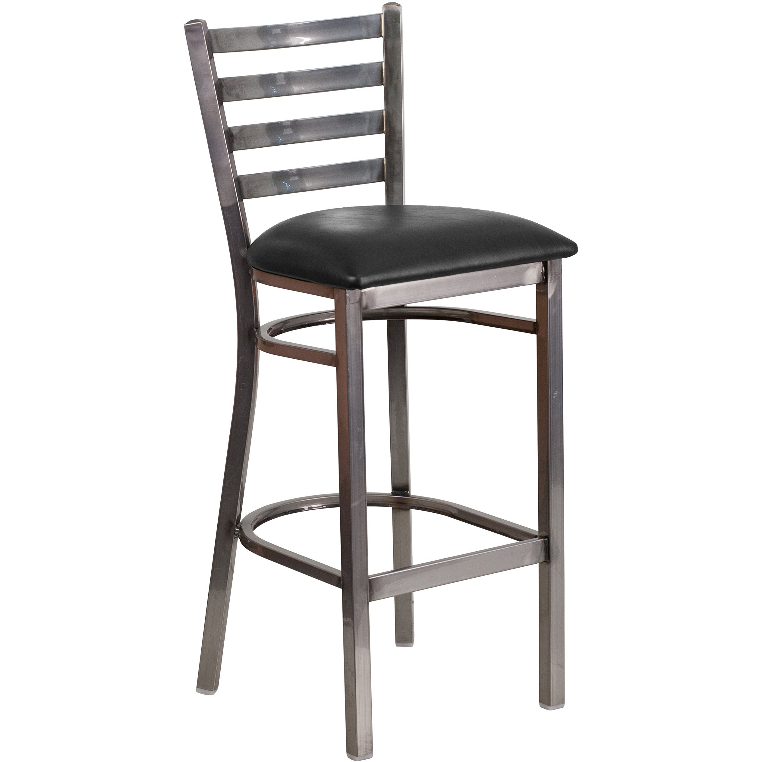 Flash Furniture Hercules Series Clear Coated Ladder Back Metal Restaurant Barstool - Black Vinyl Seat