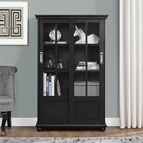 Ameriwood Home Aaron Lane 4 Tier Bookcase With Sliding Glass Doors, Black