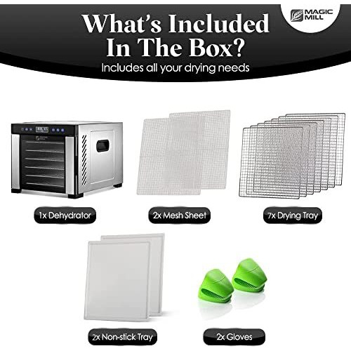 Magic Mill Commercial Food Dehydrator Machine | 7 Stainless Steel Trays | Adjustable Timer, Temperature Control | Dryer For Jerky, Herb, Beef, Fruit