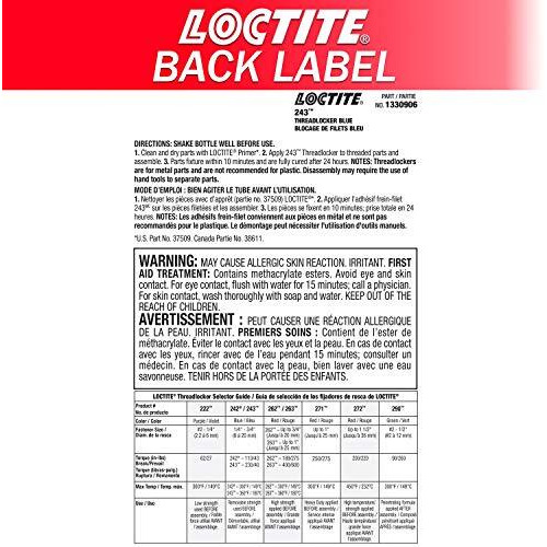 Loctite 243 Threadlocker For Automotive Medium-Strength, Oil Tolerant, High-Temperature, Anaerobic, General Purpose | Blue, 36 Ml Red Bottle (Pn 1330906)