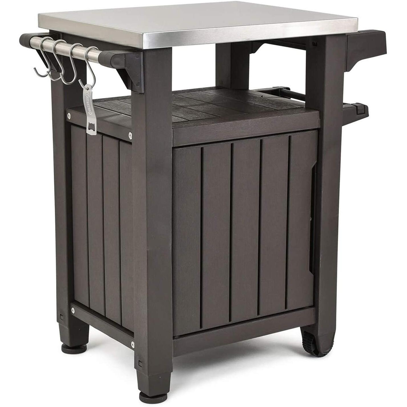Keter Unity 35.4 Inches X 29.6 Inches X 22.7 Inches Stainless Steel And Resin Outdoor Kitchen Cart With Storage Cabinet And Hooks, Espresso Brown
