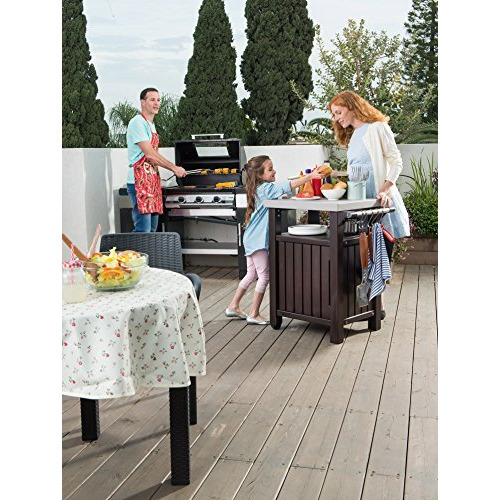 Keter Unity 35.4 Inches X 29.6 Inches X 22.7 Inches Stainless Steel And Resin Outdoor Kitchen Cart With Storage Cabinet And Hooks, Espresso Brown