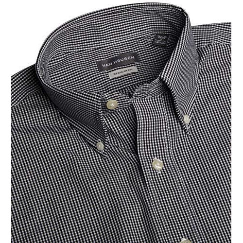 Van Heusen Men's Regular Fit Gingham Button Down Collar Dress Shirt, Black, Large