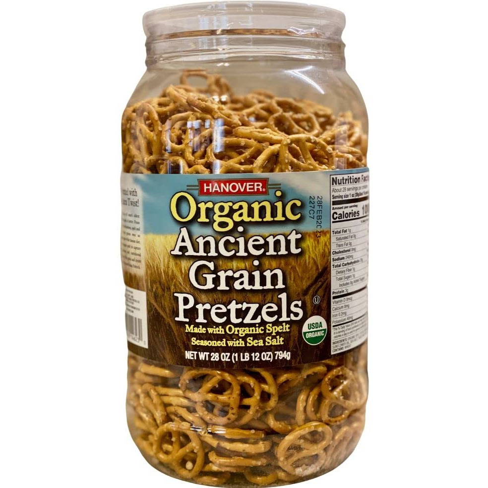 Hanover Organic Ancient Grain Spelt Sea Salt Pretzels Low Fat Cholesterol Trans Fat Free Party Snacks Resealable Container 28 Oz Barrel