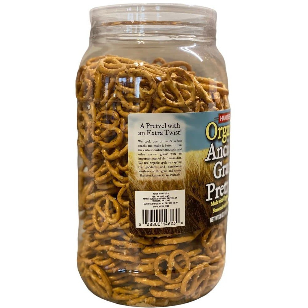 Hanover Organic Ancient Grain Spelt Sea Salt Pretzels Low Fat Cholesterol Trans Fat Free Party Snacks Resealable Container 28 Oz Barrel
