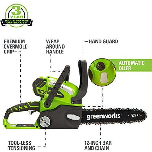 Greenworks 40V 12"" Cordless Compact Chainsaw (Great For Storm Clean-Up, Pruning, And Camping), 2.0Ah Battery And Charger Included