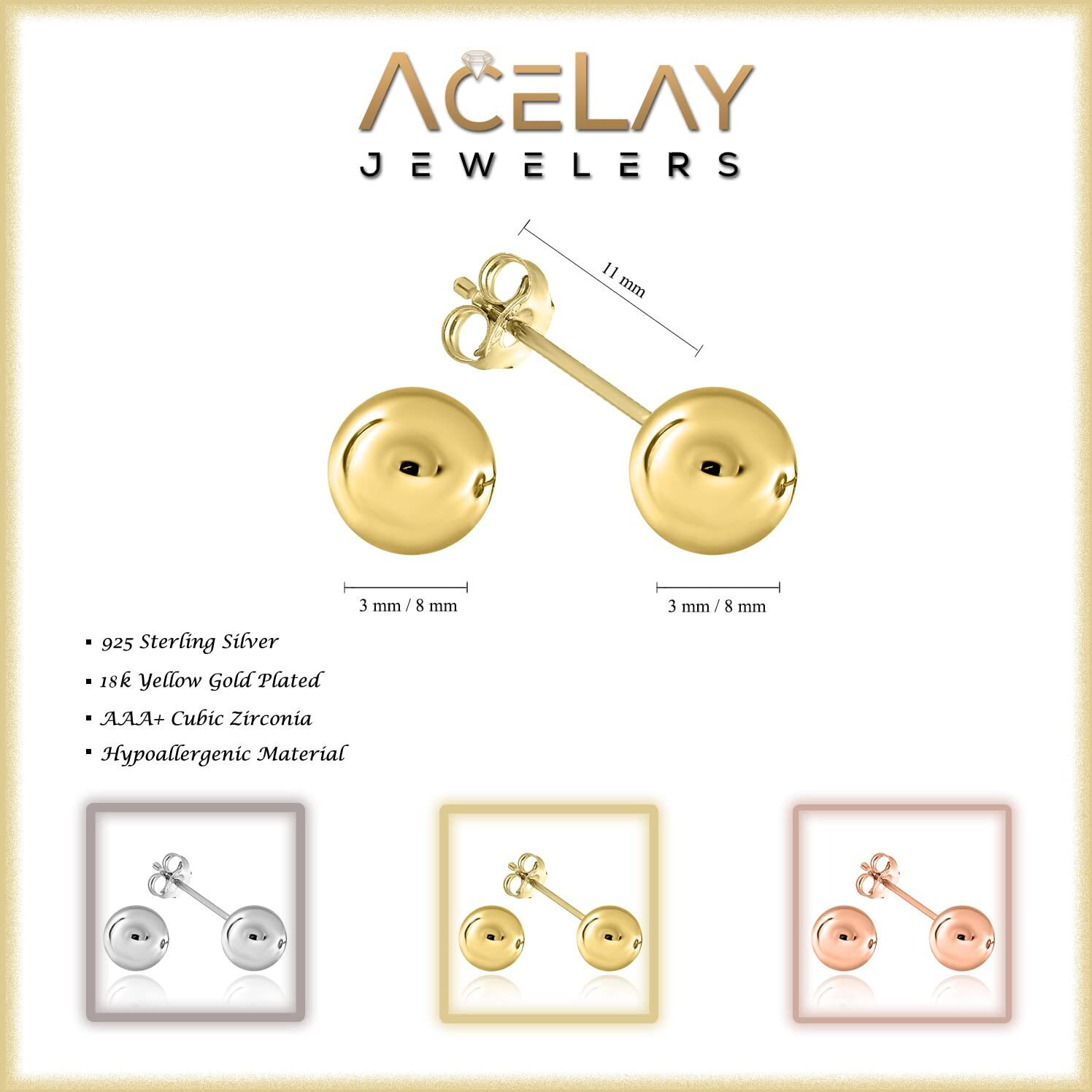 18K Yellow Gold Plated 925 Sterling Silver Ball Stud Earrings, Hypoallergenic Earrings Studs Earring For Women 3Mm