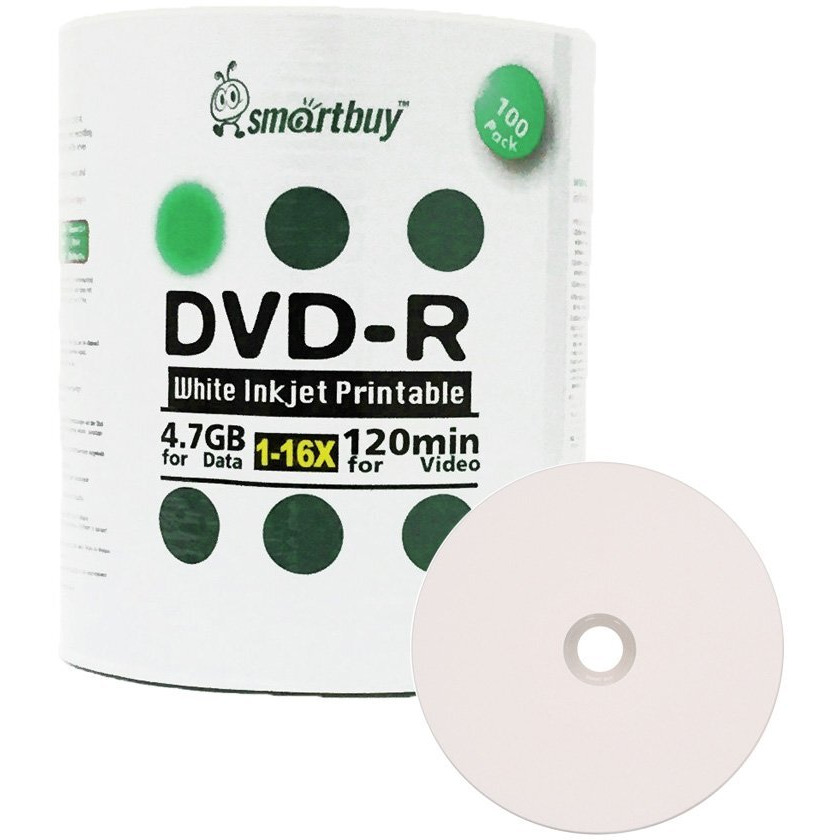 Smartbuy 100-Disc 4.7Gb/120Min 16X Dvd-R White Inkjet Hub Printable Blank Data Recordable Media Disc