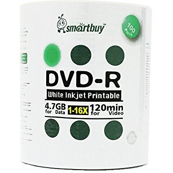 Smartbuy 100-Disc 4.7Gb/120Min 16X Dvd-R White Inkjet Hub Printable Blank Data Recordable Media Disc