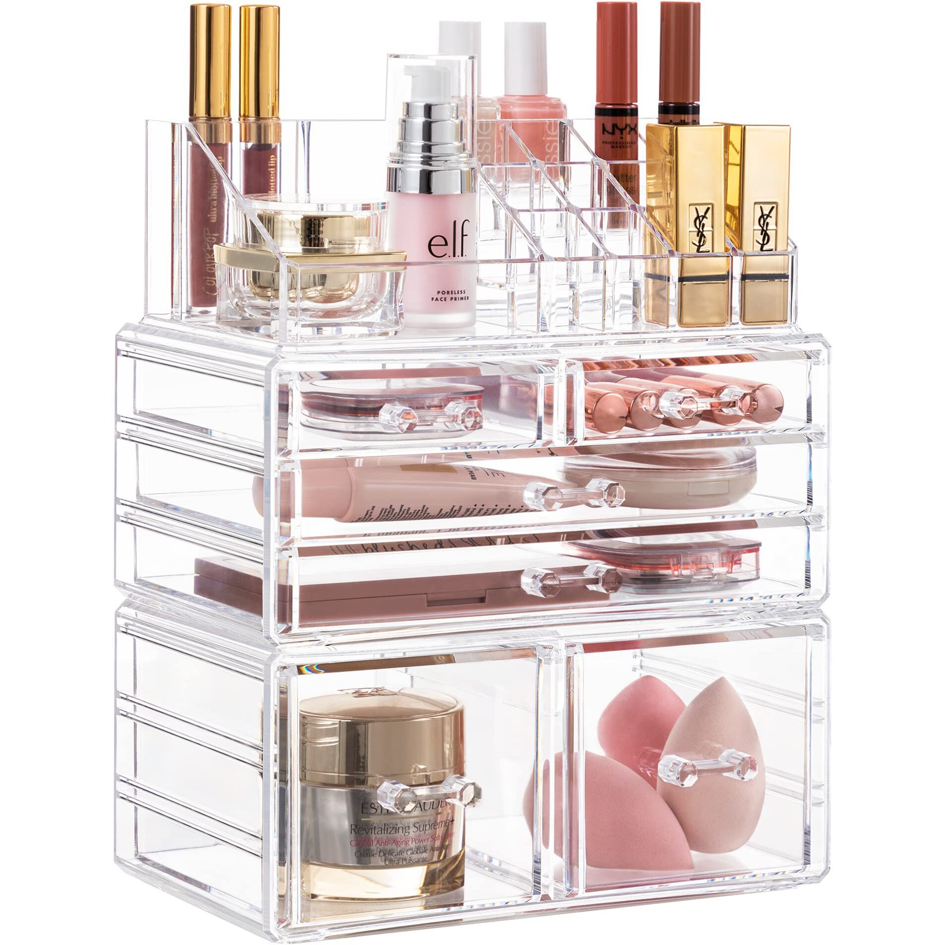 Hblife Acrylic Clear Dustproof Makeup Storage Organizer Drawers Large Skin Care Cosmetic Display Cases For Bathroom Stackable Storage Box With 6 Drawers For Vanity (Clear)