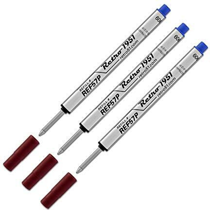 Retro 1951 Short Capless Rollerball Ink Refill, Blue, 3-Pack (Ref57P-B)