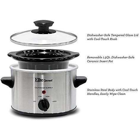 Elite Gourmet      Mst-250Xs Electric Slow Cooker Ceramic Pot, Adjustable Temp, Entrees, Sauces, Stews & Dips, Dishwasher Safe Glass Lid & Crock,      1.5 Quart, Stainless Steel