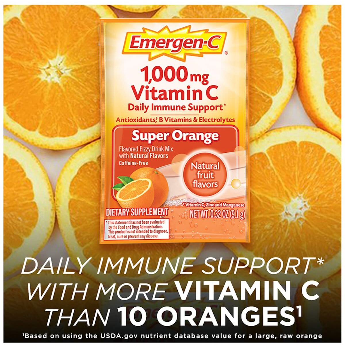 Emergen-C 1000Mg Vitamin C Powder For Daily Immune Support Caffeine Free Vitamin C Supplements With Zinc And Manganese, B Vitamins And Electrolytes, Super Orange Flavor - 30 Count