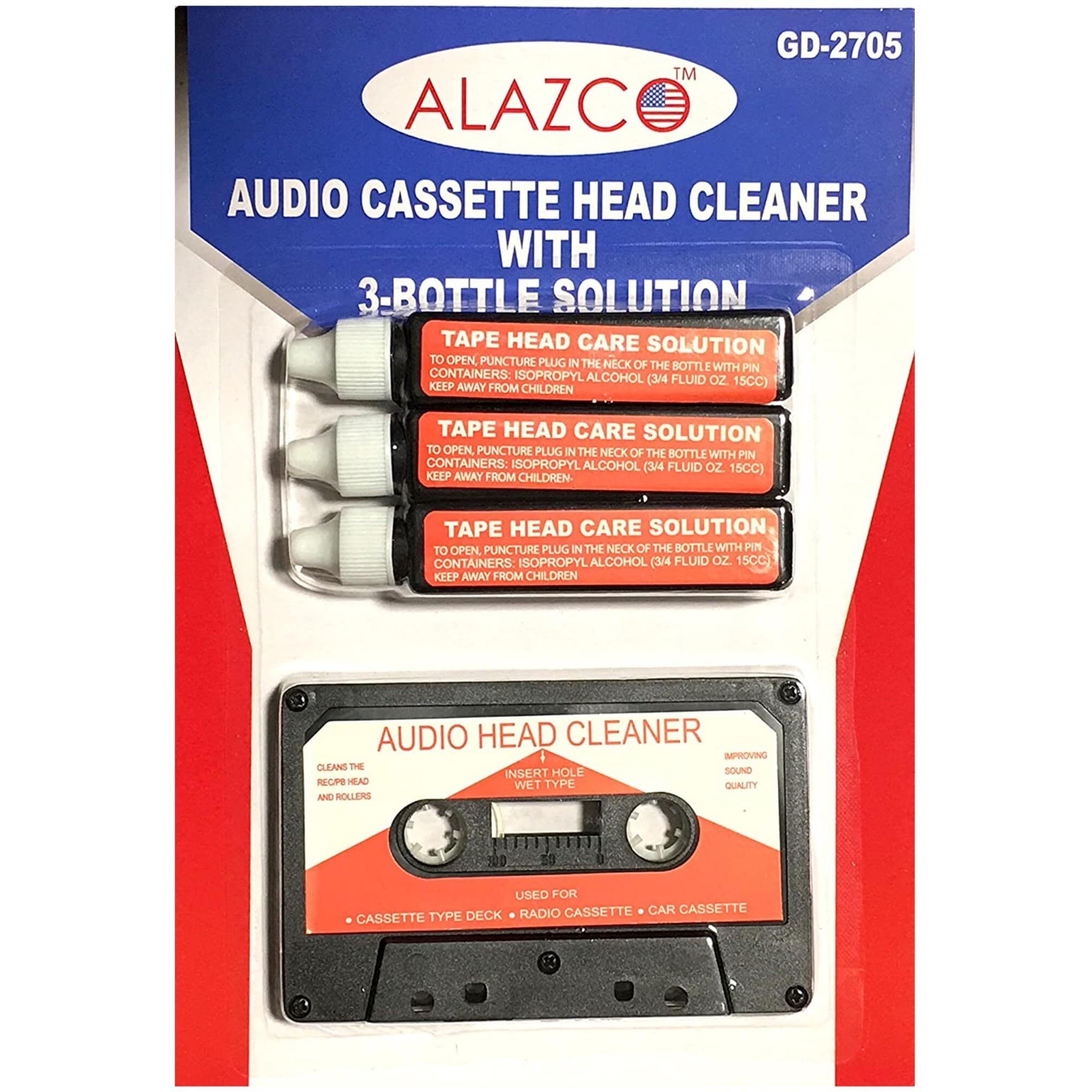 Audio Tape Cassette Head Cleaner W/ 3 Cleaning Fluids Care Wet Maintenance Kit By Alazco