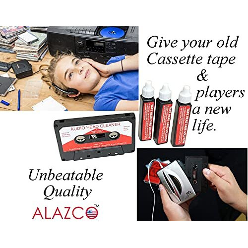 Audio Tape Cassette Head Cleaner W/ 3 Cleaning Fluids Care Wet Maintenance Kit By Alazco