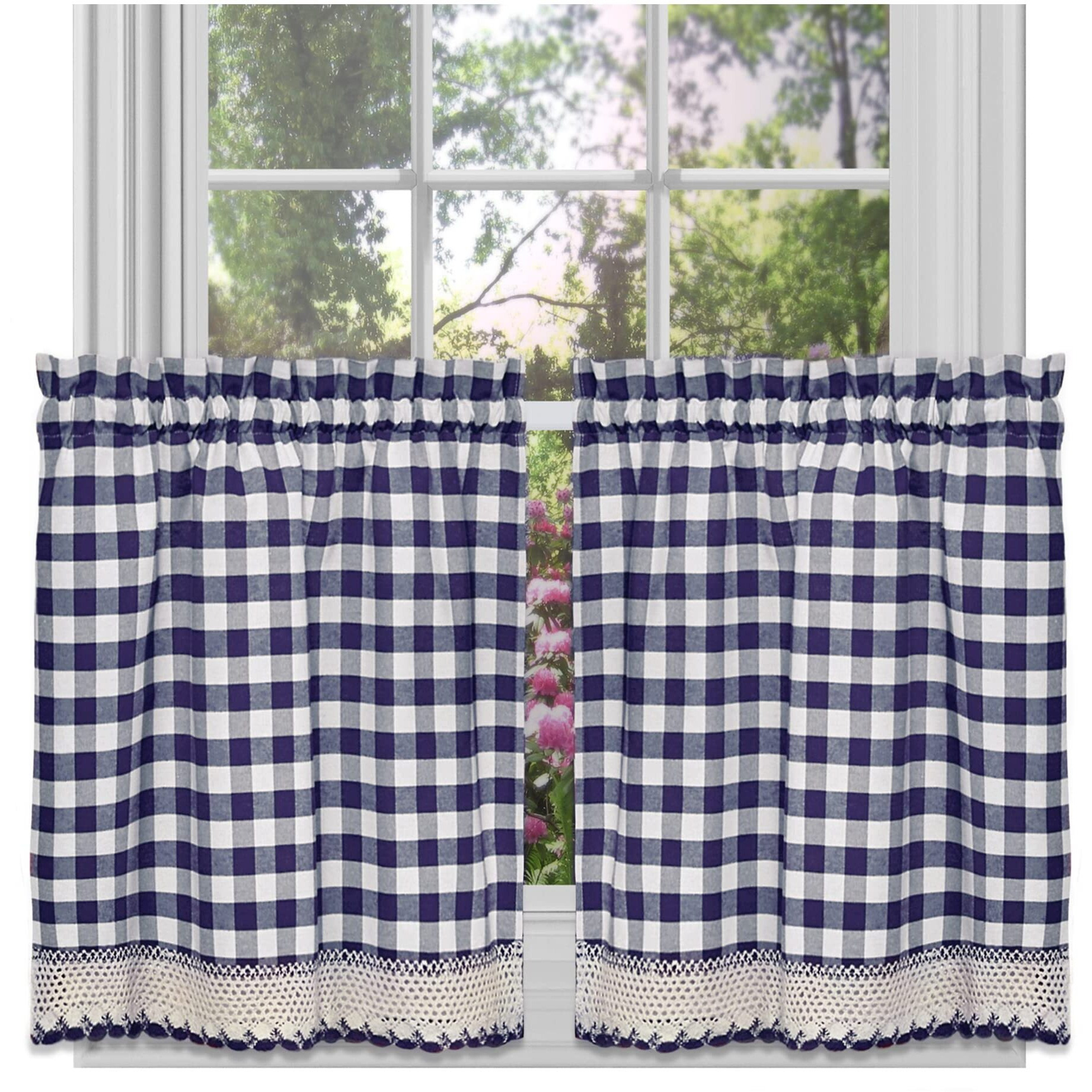 Buffalo Check Tier Pair Window Curtain Set - 58 Inch Width, 36 Inch Length - Navy & Ivory Plaid Drapes - Light Filtering Drapes For Kitchen, Bedroom, Living & Dining Room By Achim Home Decor