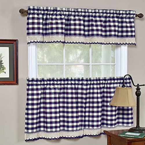 Buffalo Check Tier Pair Window Curtain Set - 58 Inch Width, 36 Inch Length - Navy & Ivory Plaid Drapes - Light Filtering Drapes For Kitchen, Bedroom, Living & Dining Room By Achim Home Decor
