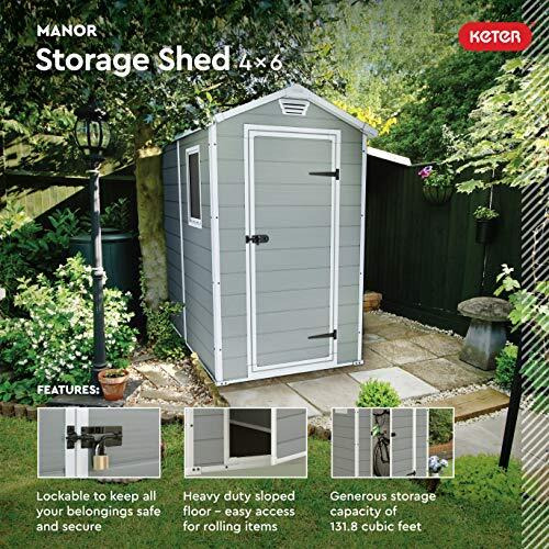 Keter Manor 4X6 Resin Outdoor Storage Shed Kit-Perfect To Store Patio Furniture, Garden Tools Bike Accessories, Beach Chairs And Lawn Mower, Grey & White
