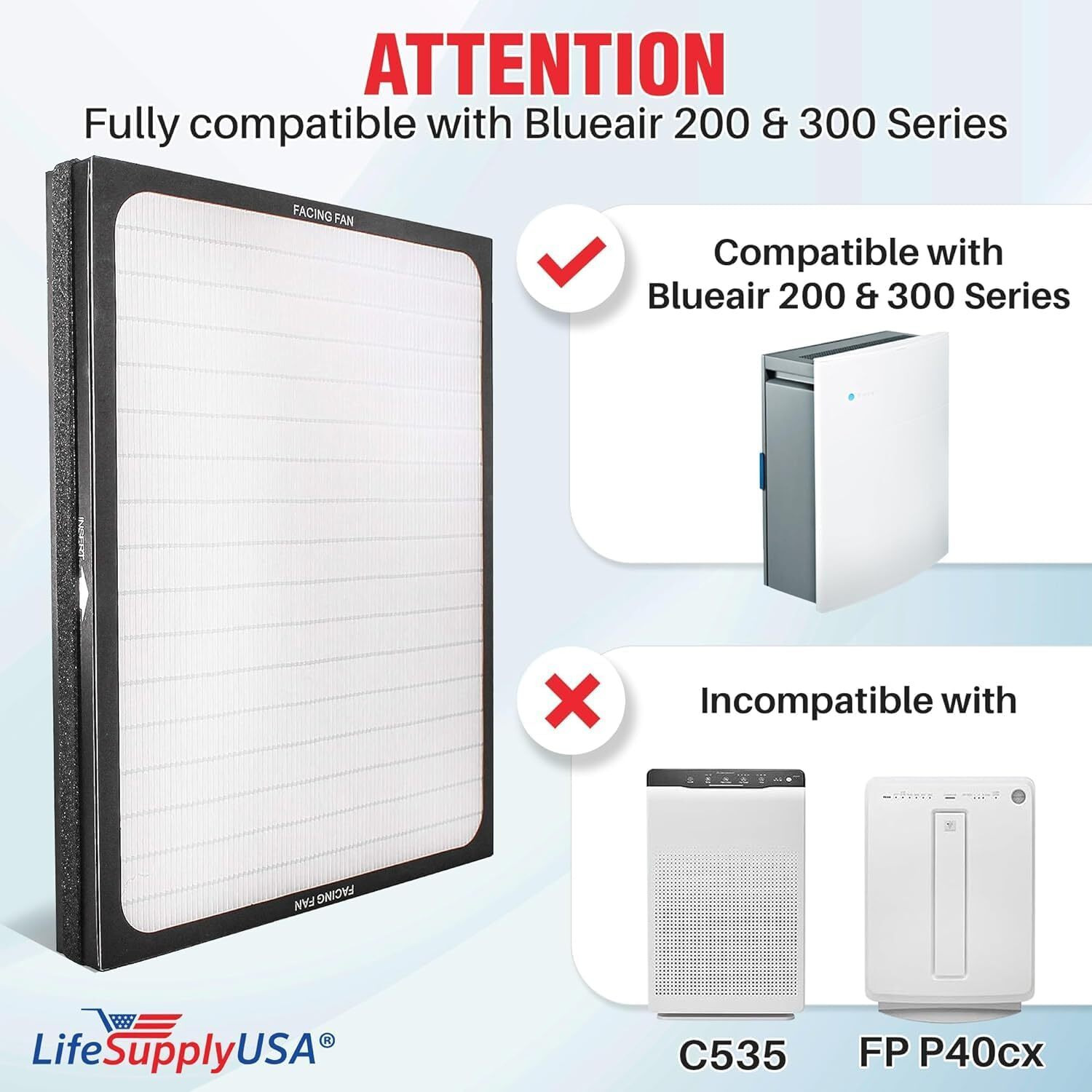 Lifesupplyusa Air Purifier Replacement Filter - True Hepa Filters Compatible With Blueair 200, 300 Series Air Purifiers