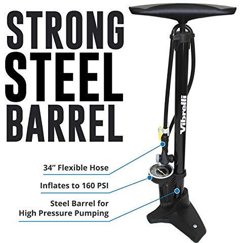 Vibrelli Bike Floor Pump With Gauge & Puncture Kit - 160 Psi - Presta Valve Bike Pump Switches To Schrader - High Pressure Bicycle Pump,Black