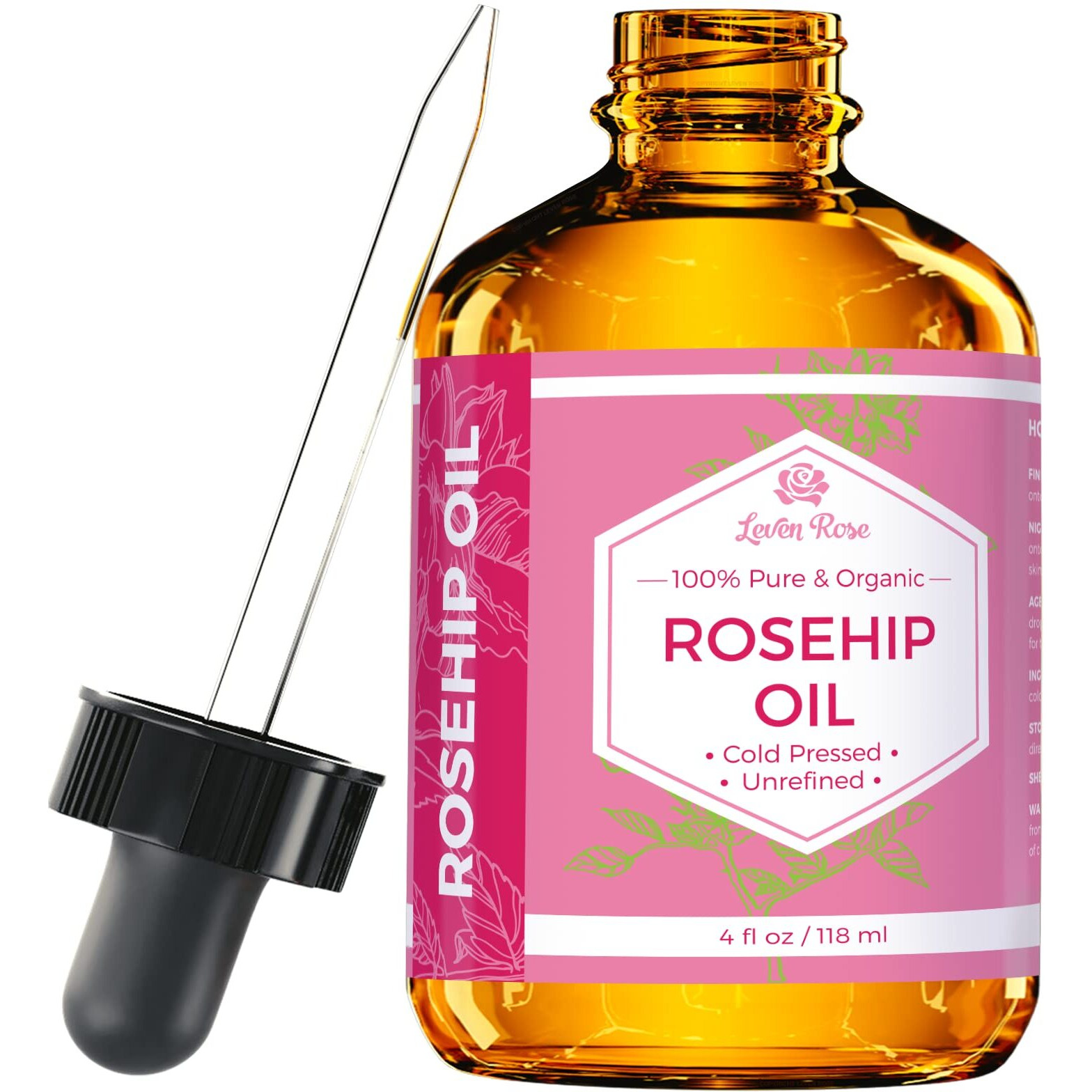 Leven Rose Rosehip Seed Oil, 100% Pure Organic Unrefined Cold Pressed Anti Aging Rose Hip Moisturizer For Hair Skin & Nails, 4 Fl Oz