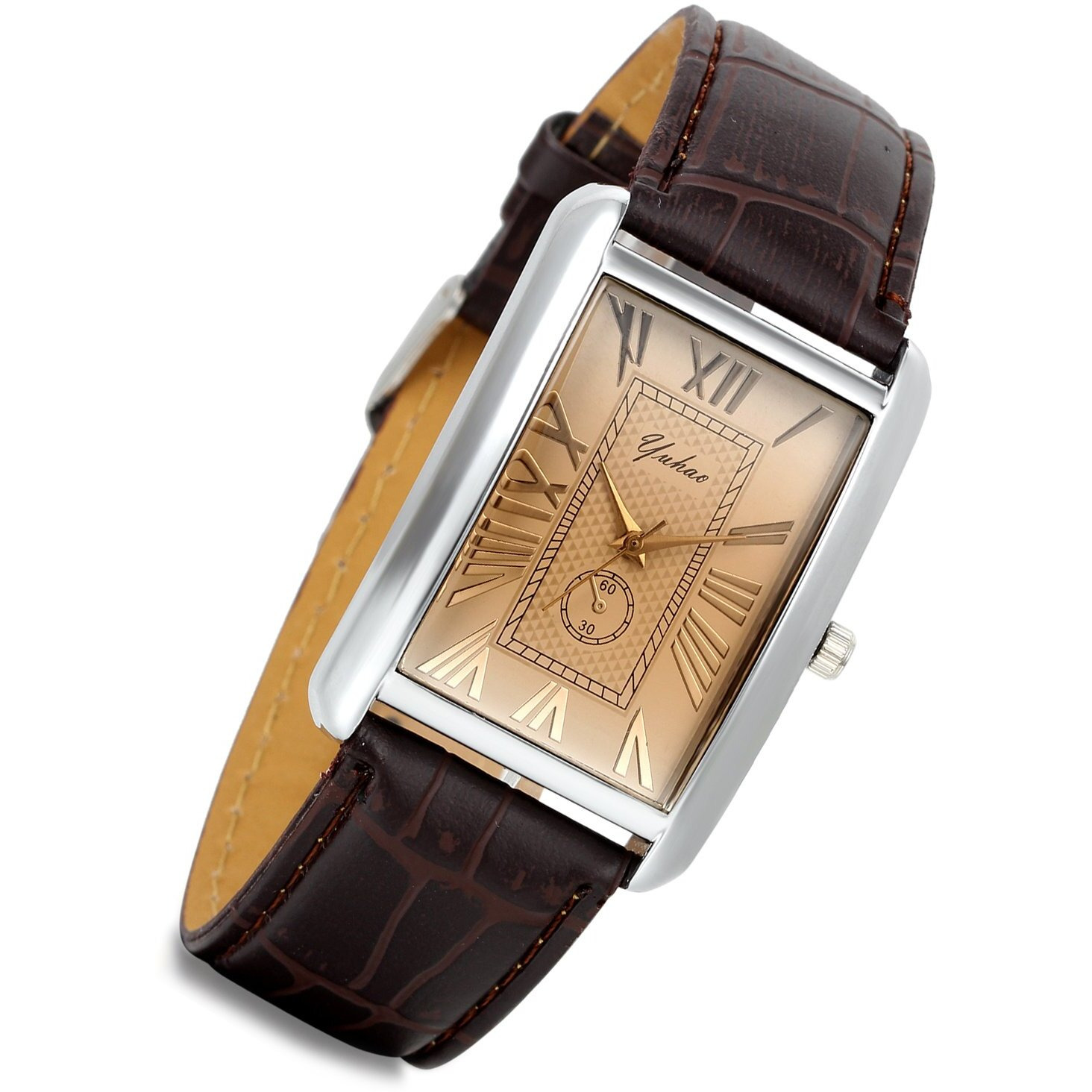Lancardo Men's Square Watch Retro Vintage Quartz Analog Silver Tone Case Crocodile Pattern Brown Leather Business Casual Dress Wrist Watch