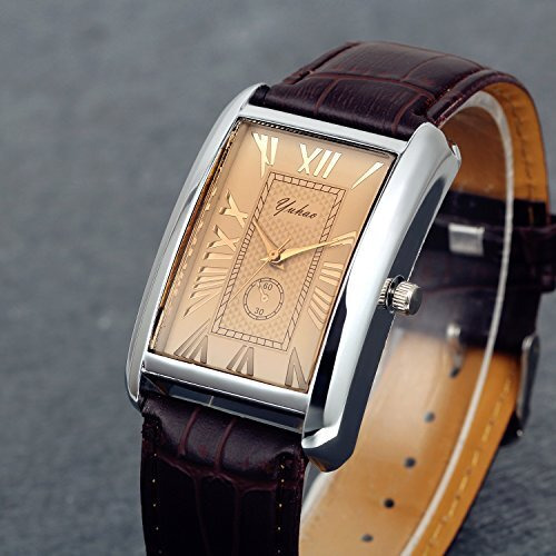 Lancardo Men's Square Watch Retro Vintage Quartz Analog Silver Tone Case Crocodile Pattern Brown Leather Business Casual Dress Wrist Watch