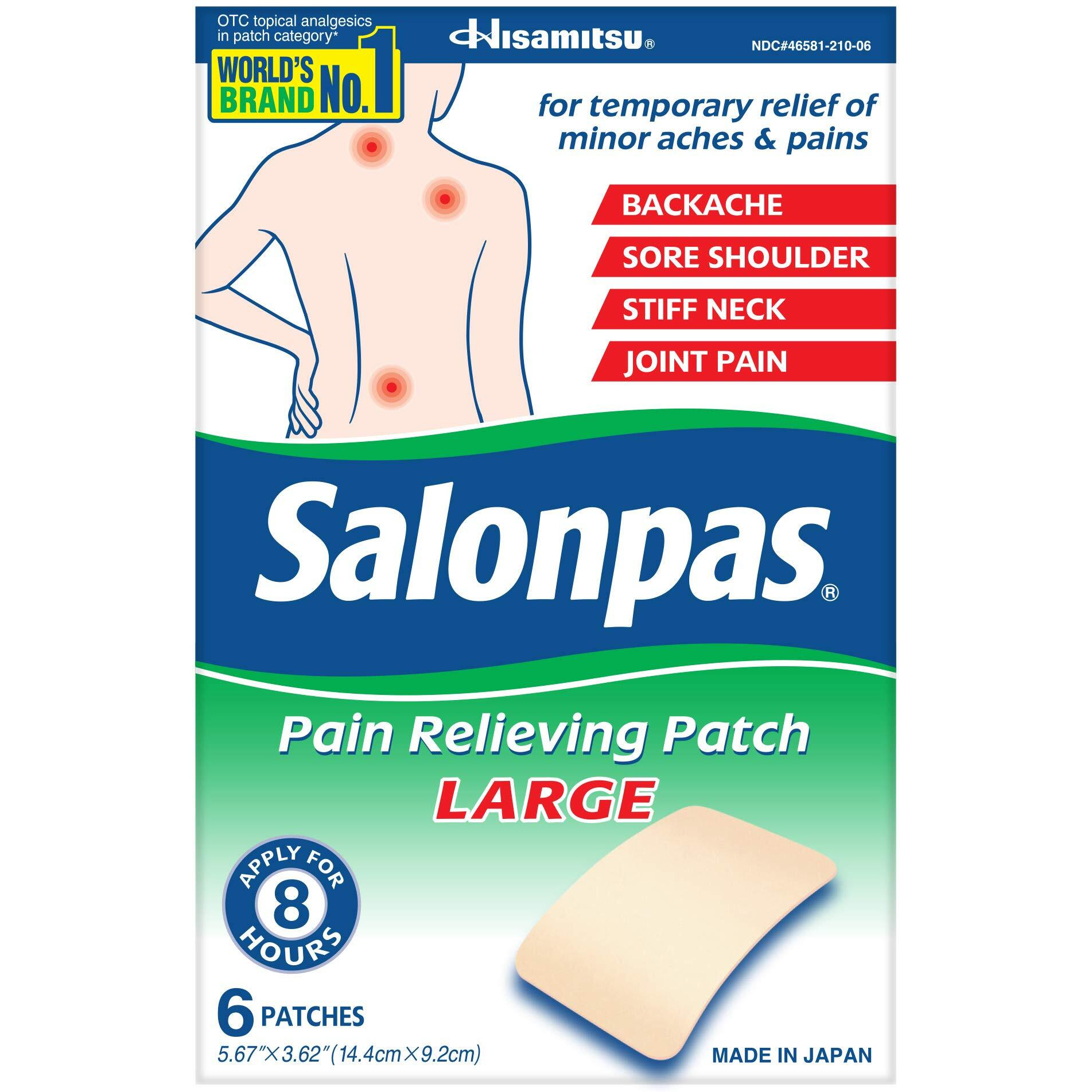 Salonpas Pain Relieving Patch, Large, 6 Count, For Back, Neck, Shoulder, Knee Pain And Muscle Soreness, 8 Hour Pain Relief