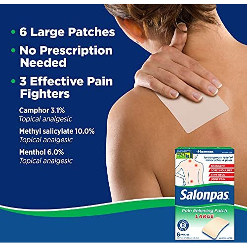 Salonpas Pain Relieving Patch, Large, 6 Count, For Back, Neck, Shoulder, Knee Pain And Muscle Soreness, 8 Hour Pain Relief