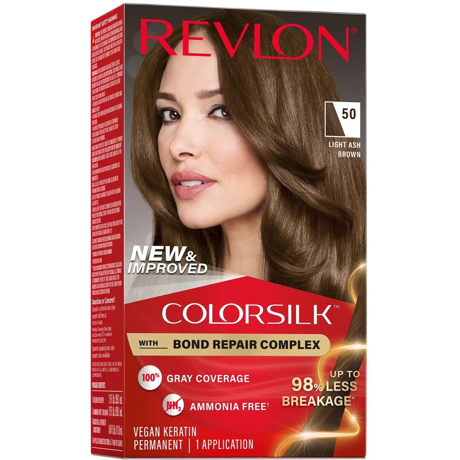 Revlon Permanent Hair Color, Permanent Hair Dye, Colorsilk With 100% Gray Coverage, Ammonia-Free, Keratin And Amino Acids, 50 Light Ash Brown, 4.4 Oz (Pack Of 1)