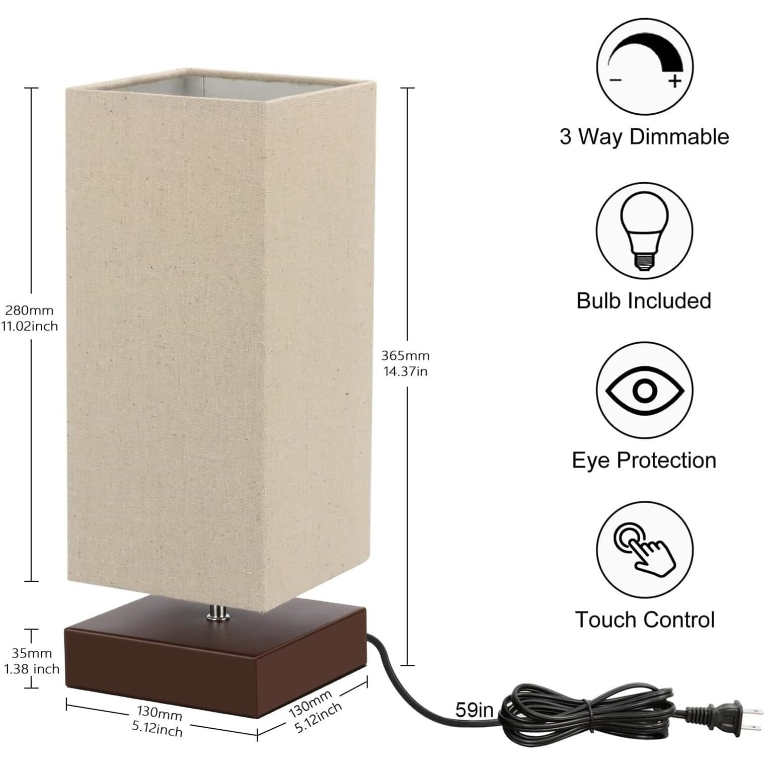 Touch Control Table Lamp Bedside 3 Way Dimmable Touch Desk Lamp Modern Nightstand Lamp With Square Fabric Lamp Shade Simple Night Light For Bedroom Living Room Office, Led Bulb Included
