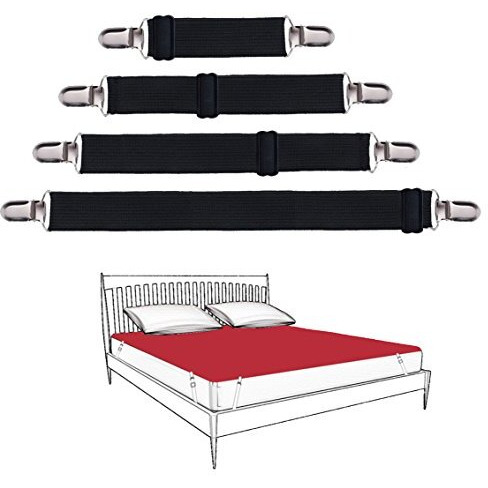 Korlon 4 Pack Adjustable Heavy Duty Bed Sheet Clips, Cover Grippers Suspenders Holder Bed Sheet Fasteners, Fitted Sheet Clips, Black
