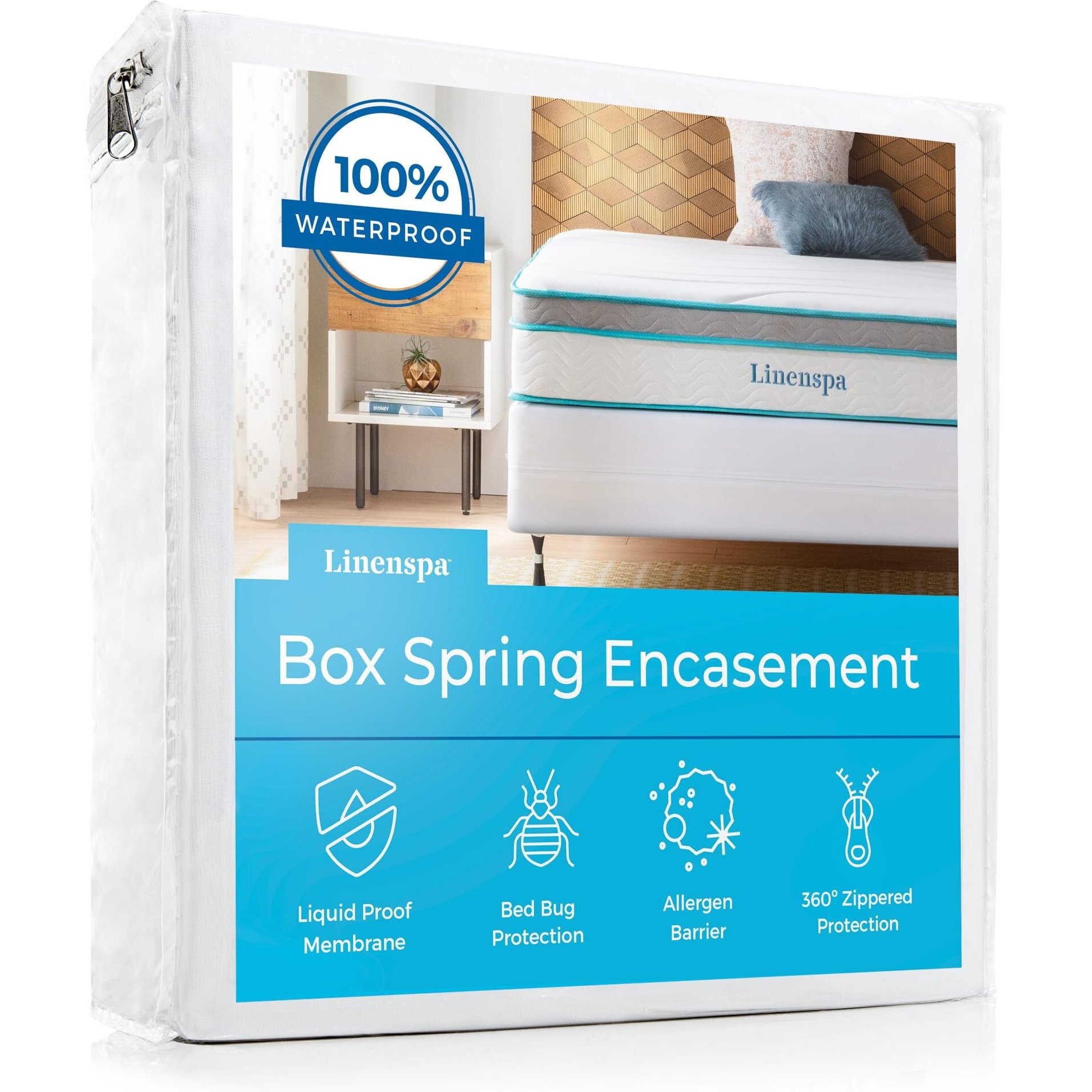 Linenspa Box Spring Encasement Standard, Complete Protection With Zipper, Waterproof Box Spring Protector Standard, Split Queen , White