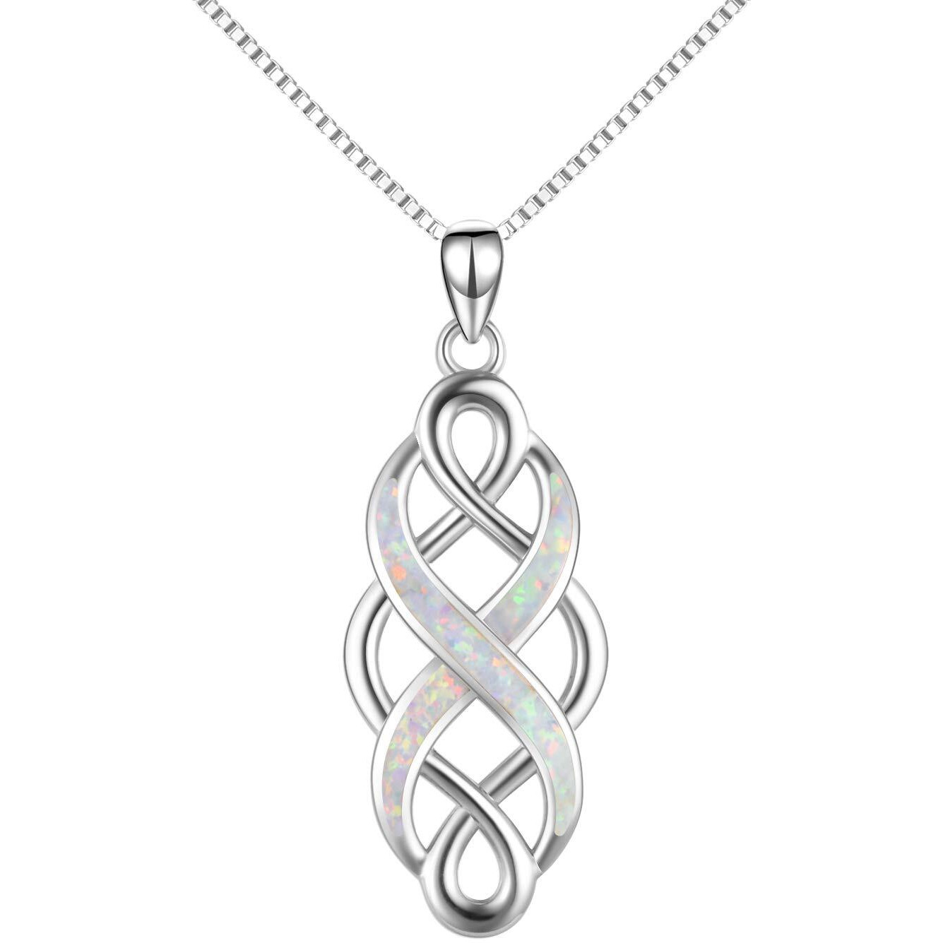 Yfn Irish Celtic Knot Created Opal Pendant Necklace Infinity Love Sterling Silver Cz Jewelry 18 "" (White Opal Celtic Knot Necklace)
