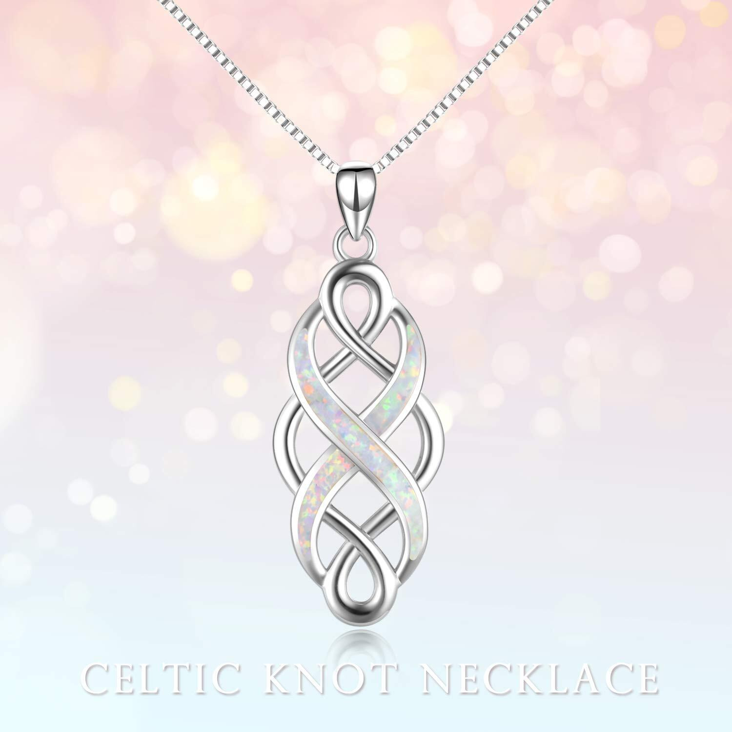 Yfn Irish Celtic Knot Created Opal Pendant Necklace Infinity Love Sterling Silver Cz Jewelry 18 "" (White Opal Celtic Knot Necklace)