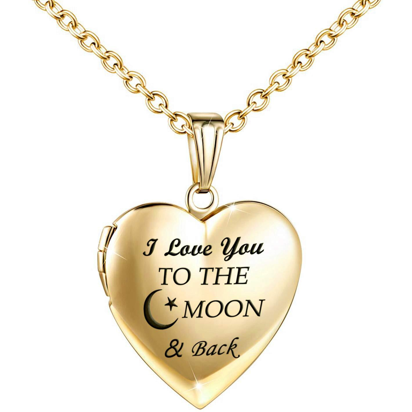 Youfeng Love Heart Locket Necklace That Holds Pictures Engraved I Love You To The Moon And Back Photo Lockets (18K Gold Locket)
