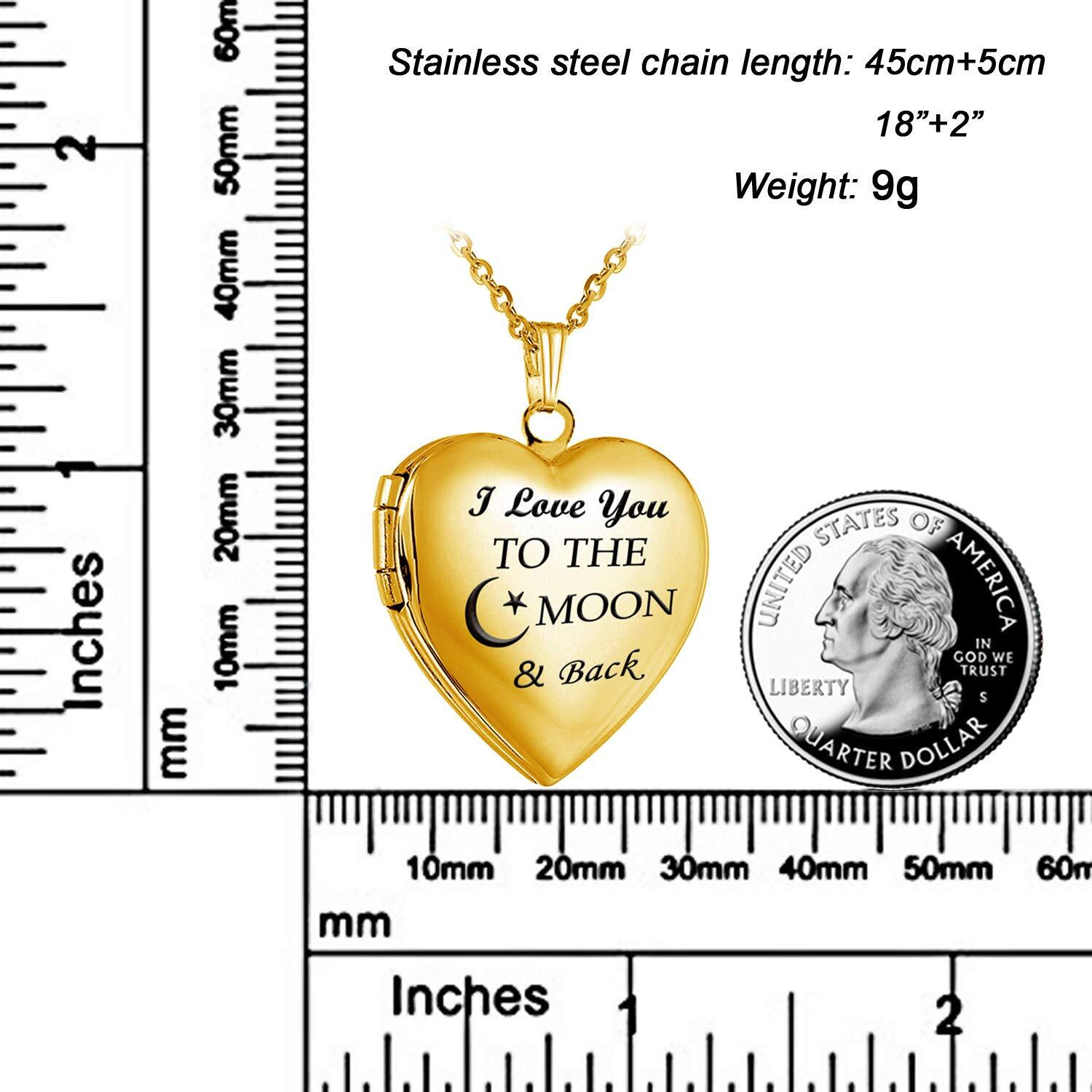 Youfeng Love Heart Locket Necklace That Holds Pictures Engraved I Love You To The Moon And Back Photo Lockets (18K Gold Locket)