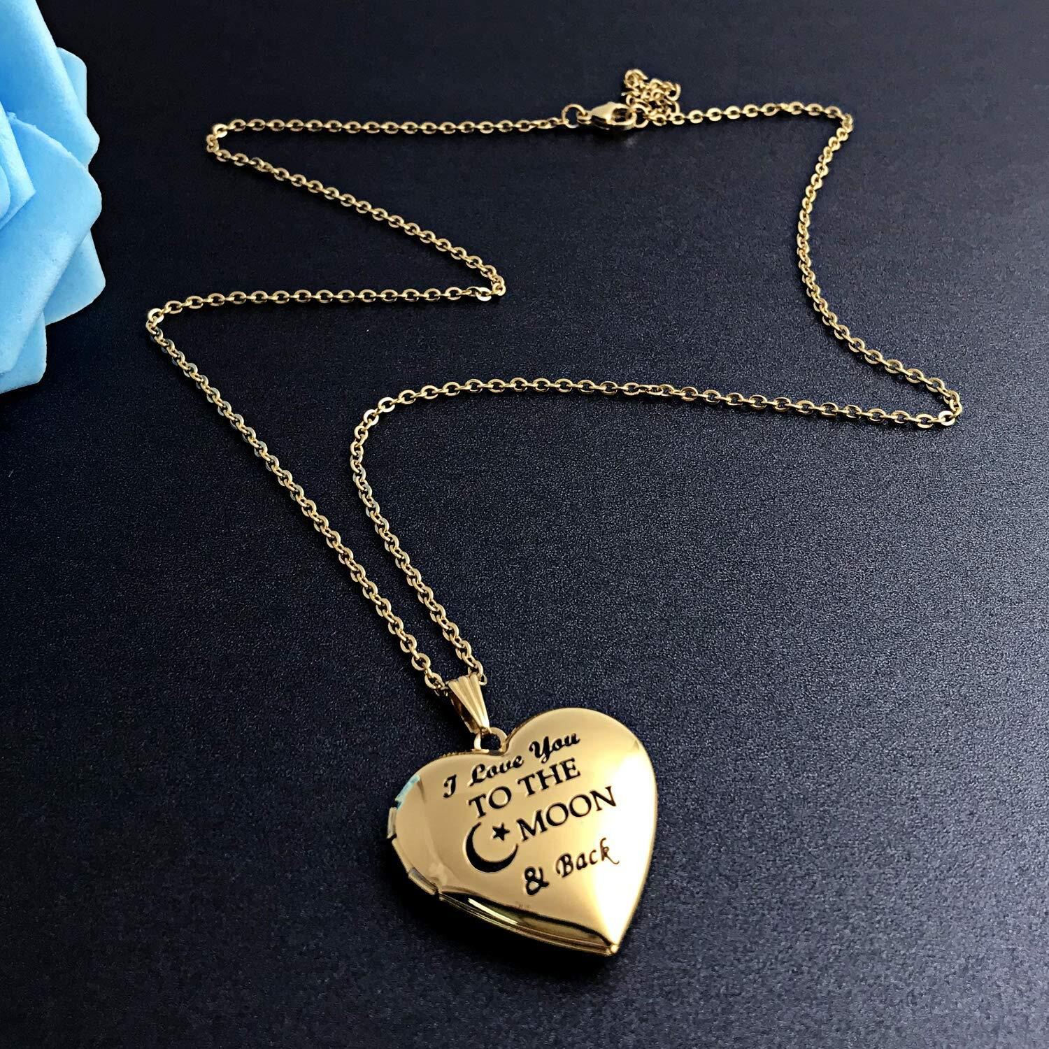 Youfeng Love Heart Locket Necklace That Holds Pictures Engraved I Love You To The Moon And Back Photo Lockets (18K Gold Locket)