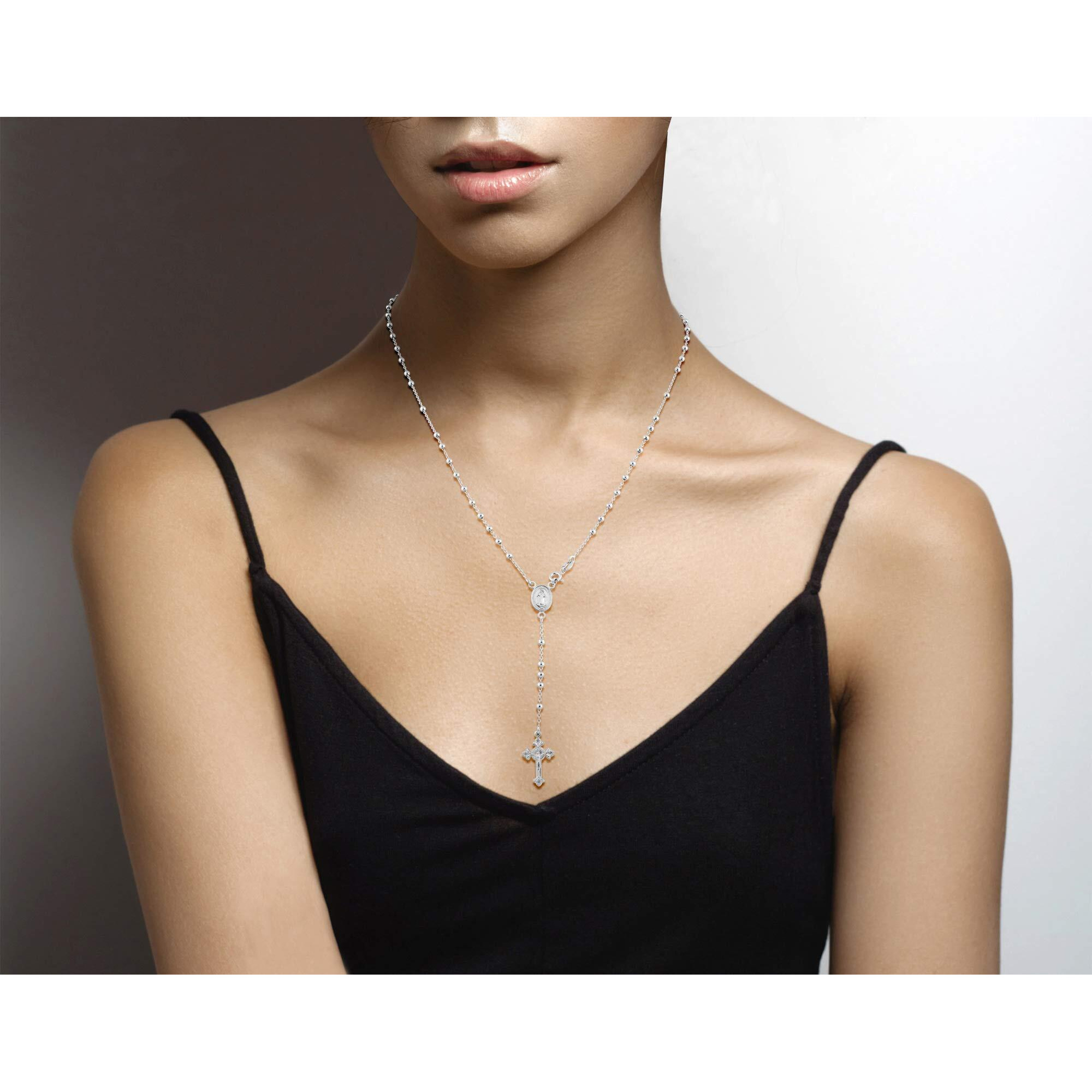 Miabella Italian 925 Sterling Silver Or 18K Gold Plated Rosary Bead Cross Y Necklace Chain For Women (Sterliing Silver, Length 20 Inches)
