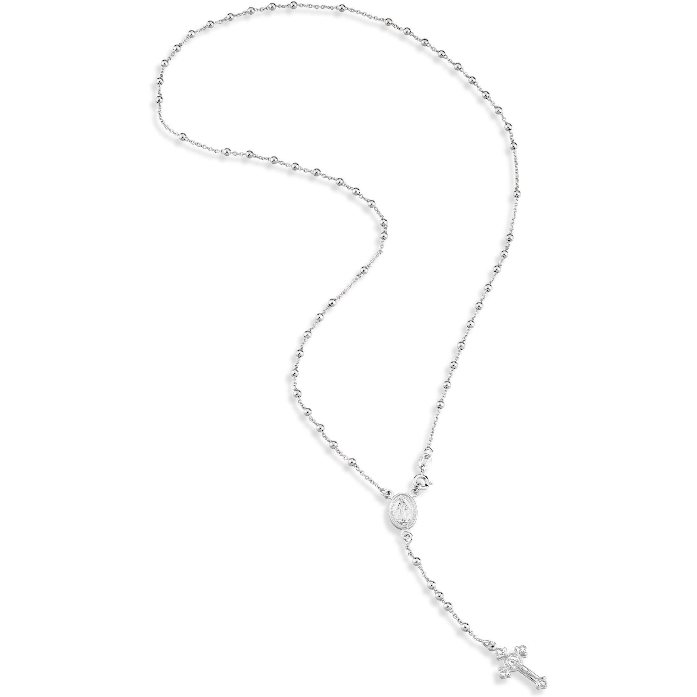 Miabella Italian 925 Sterling Silver Or 18K Gold Plated Rosary Bead Cross Y Necklace Chain For Women (Sterliing Silver, Length 20 Inches)