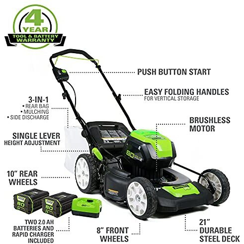 Greenworks 80V 21"" Brushless Cordless (Push) Lawn Mower (75+ Compatible Tools), (2) 2.0Ah Batteries And 30 Minute Rapid Charger Included