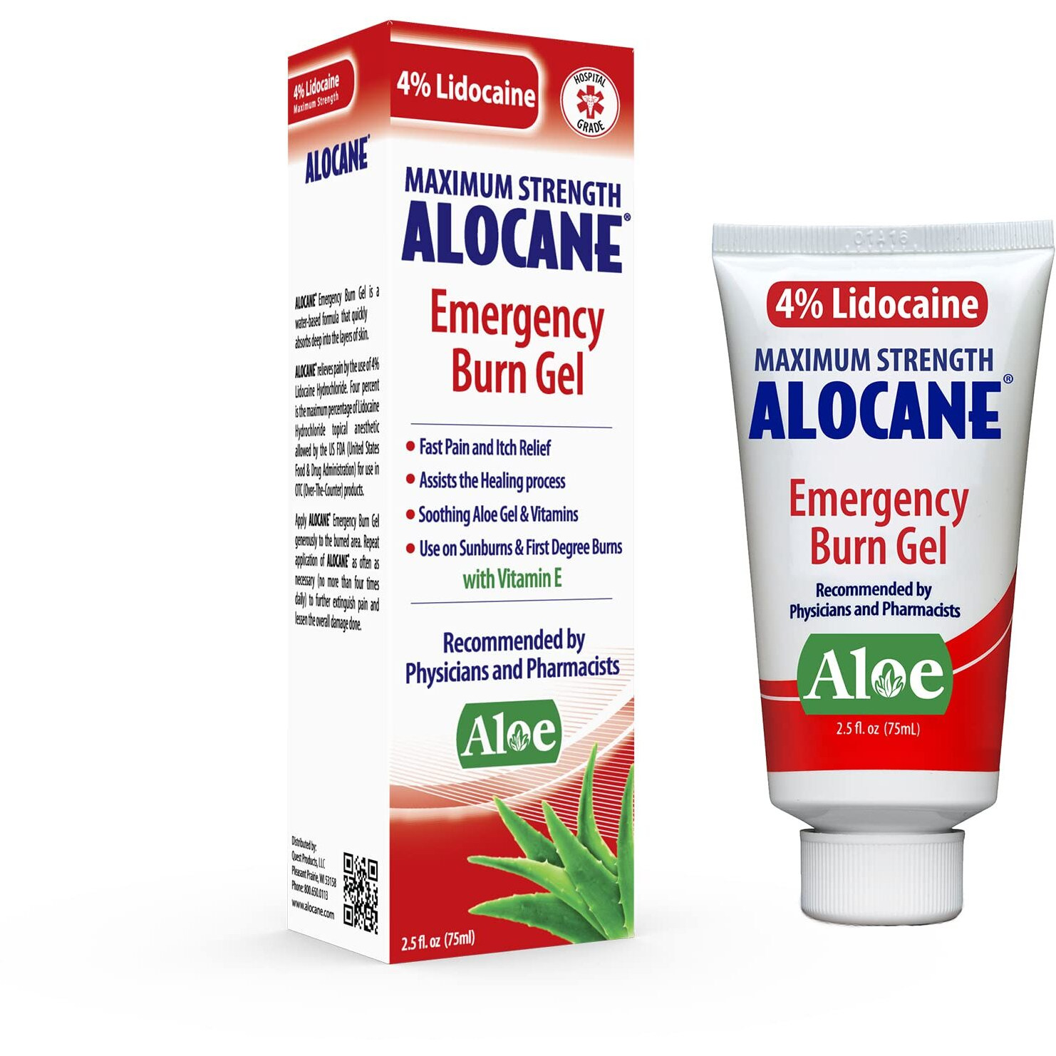 Alocane Emergency Burn Gel, 4% Lidocaine Maximum Strength Fast Pain And Itch Relief For Minor Burns, Sunburn, Kitchen, Radiation, Chemical, First Degree Burns, First Aid Treatment Burn Care 2.5 Fl Oz