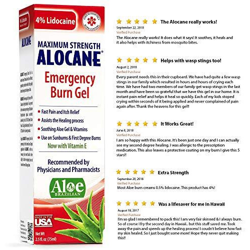 Alocane Emergency Burn Gel, 4% Lidocaine Maximum Strength Fast Pain And Itch Relief For Minor Burns, Sunburn, Kitchen, Radiation, Chemical, First Degree Burns, First Aid Treatment Burn Care 2.5 Fl Oz