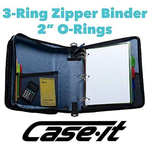 Case-It The Universal Zipper Binder - 2 Inch O-Rings - Padded Pocket That Holds Up To 13 Inch Laptop/Tablet - Multiple Pockets - 400 Page Capacity - Comes With Shoulder Strap - Blue Lt-007