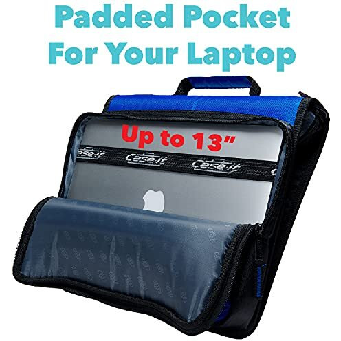 Case-It The Universal Zipper Binder - 2 Inch O-Rings - Padded Pocket That Holds Up To 13 Inch Laptop/Tablet - Multiple Pockets - 400 Page Capacity - Comes With Shoulder Strap - Blue Lt-007