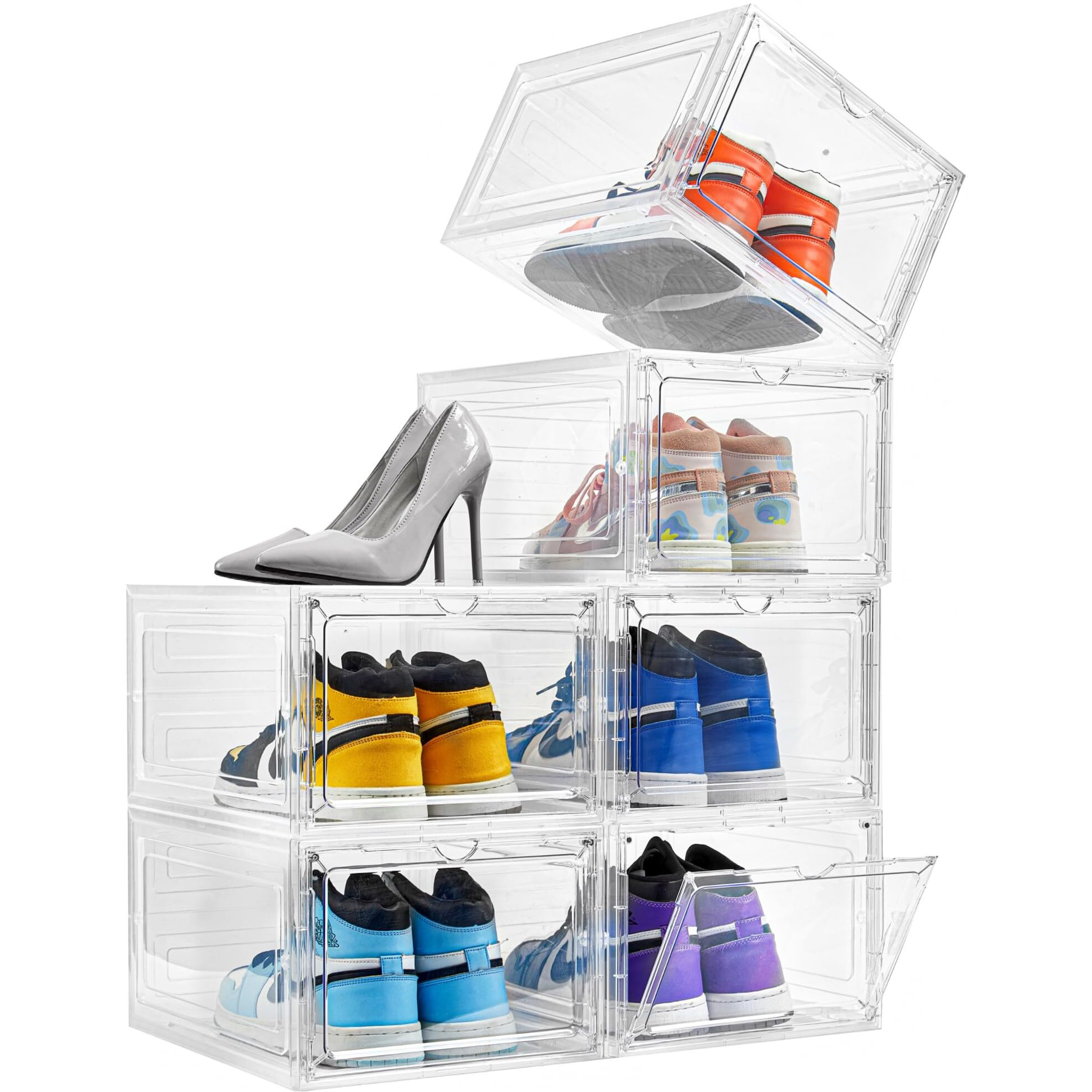 Attelite Drop Front Plastic Shoe Box With Clear Door,Set Of 6,Stackable,For Display Sneakers,Easy Assembly,Fit Up To Us Size 12(13.4   X 10.6   X 7.4   )