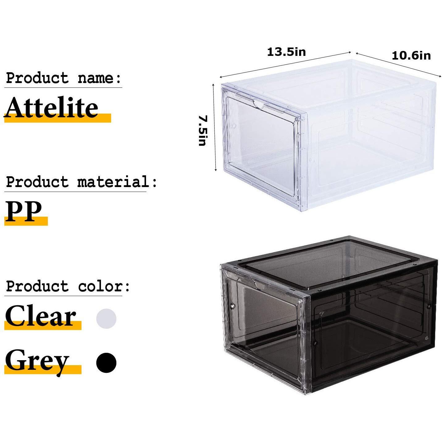 Attelite Drop Front Plastic Shoe Box With Clear Door,Set Of 6,Stackable,For Display Sneakers,Easy Assembly,Fit Up To Us Size 12(13.4   X 10.6   X 7.4   )