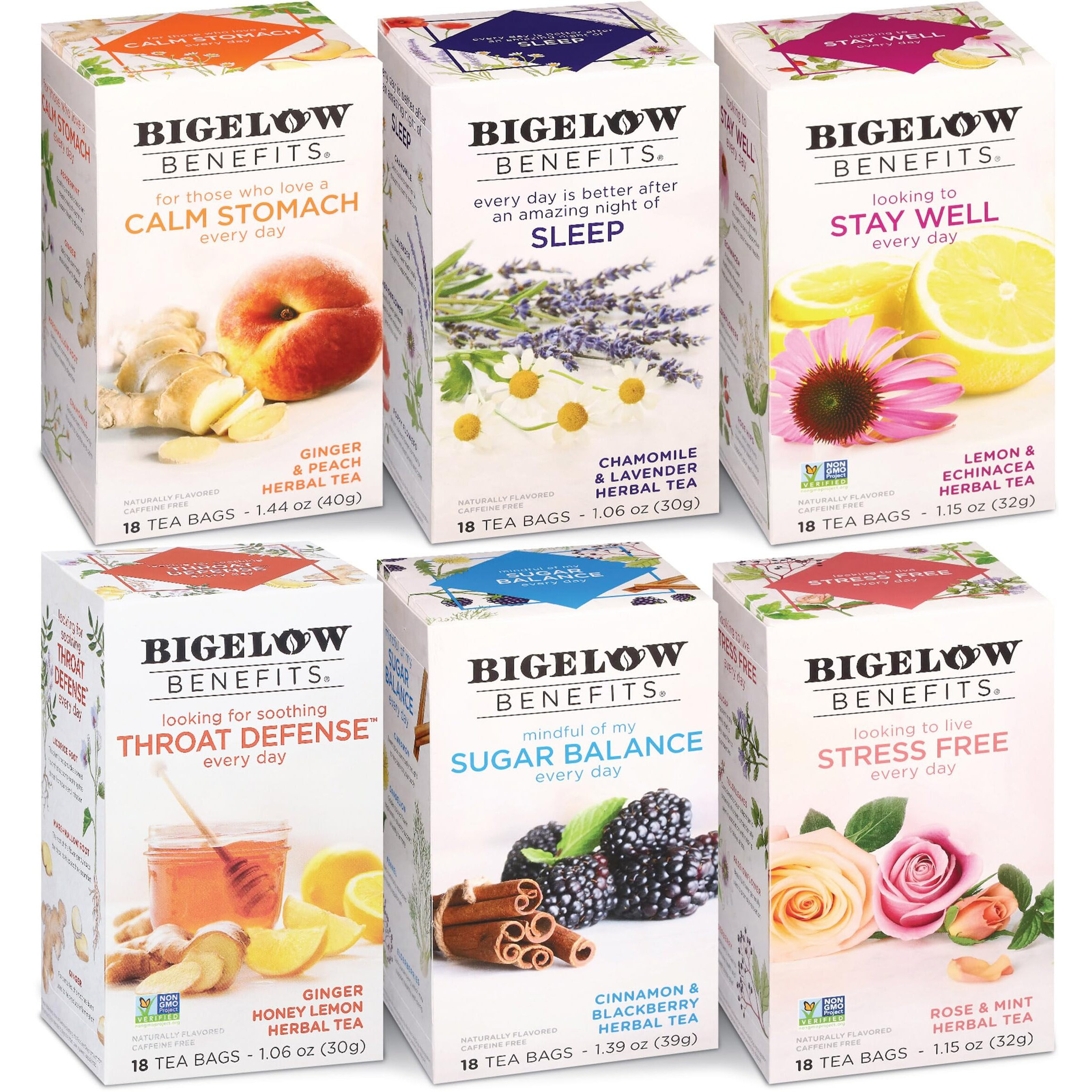 Bigelow Tea Benefits Wellness Teabag Variety Pack, Mixed Caffeinated Green Matcha & Caffeine-Free Herbal Tea, 18 Count Box (Pack Of 6) 108 Tea Bags Total