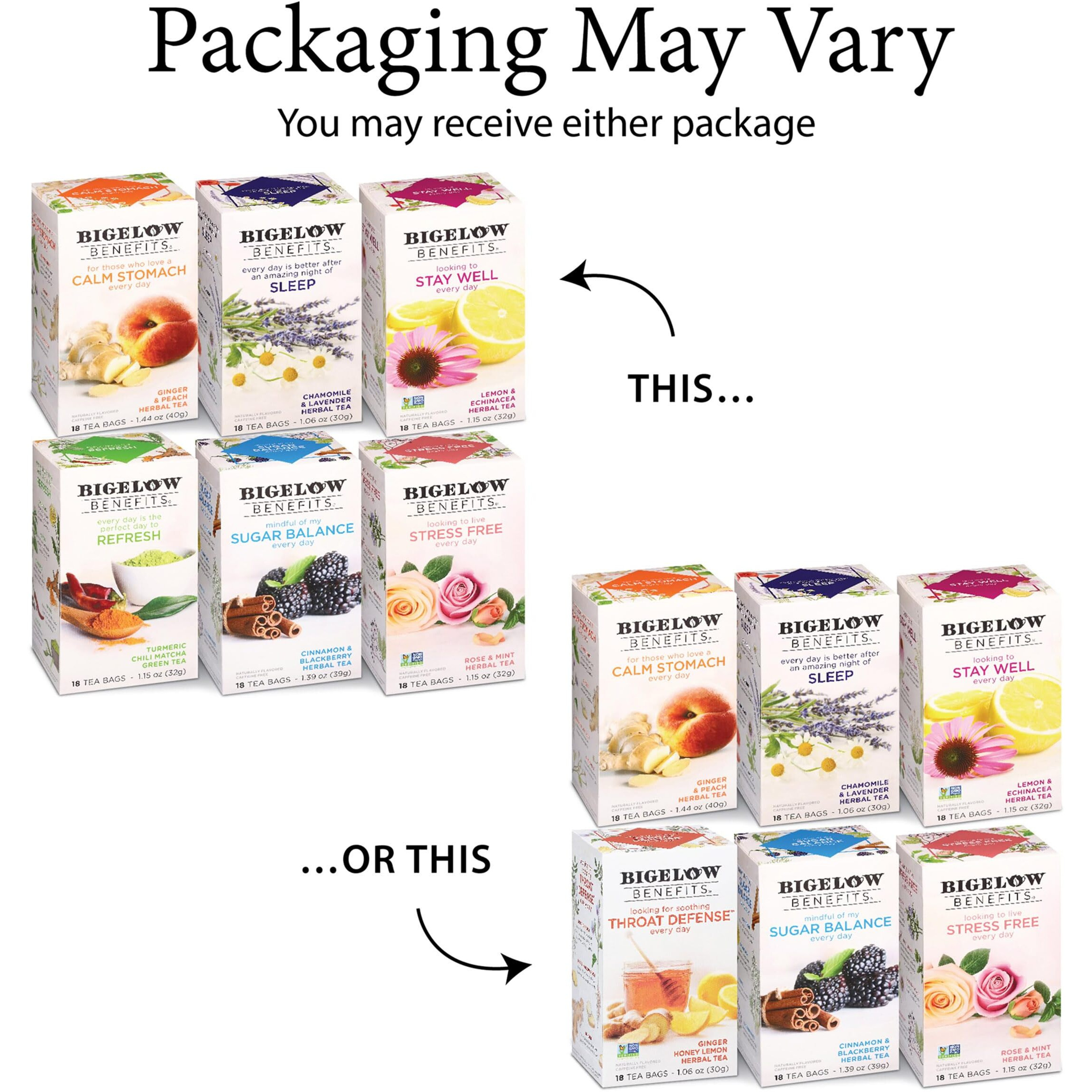 Bigelow Tea Benefits Wellness Teabag Variety Pack, Mixed Caffeinated Green Matcha & Caffeine-Free Herbal Tea, 18 Count Box (Pack Of 6) 108 Tea Bags Total