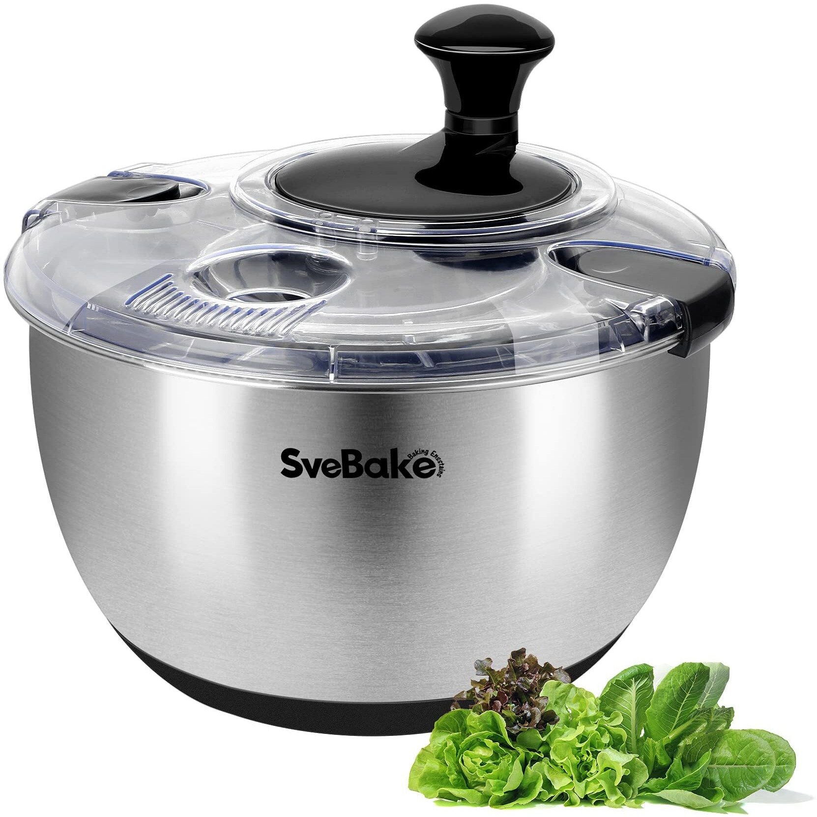 Svebake Stainless Steel Salad Spinner, 4.2 Qt Vegetable Washer, Bpa-Free Lettuce Dryer With Crank Design, Dishwasher Safe, Non-Slip Base - Transparent Lid